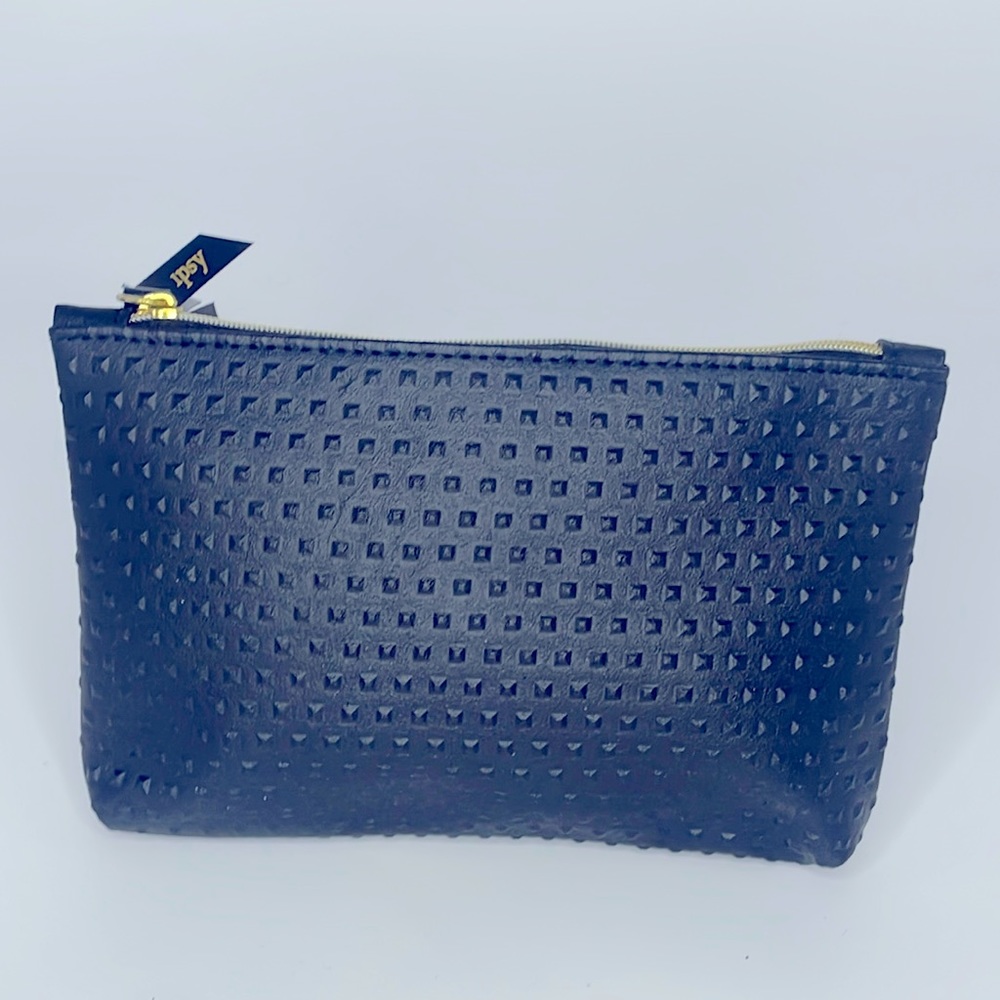 Ipsy Black Faux Leather Stud Cosmetic Bag with Navy Liner